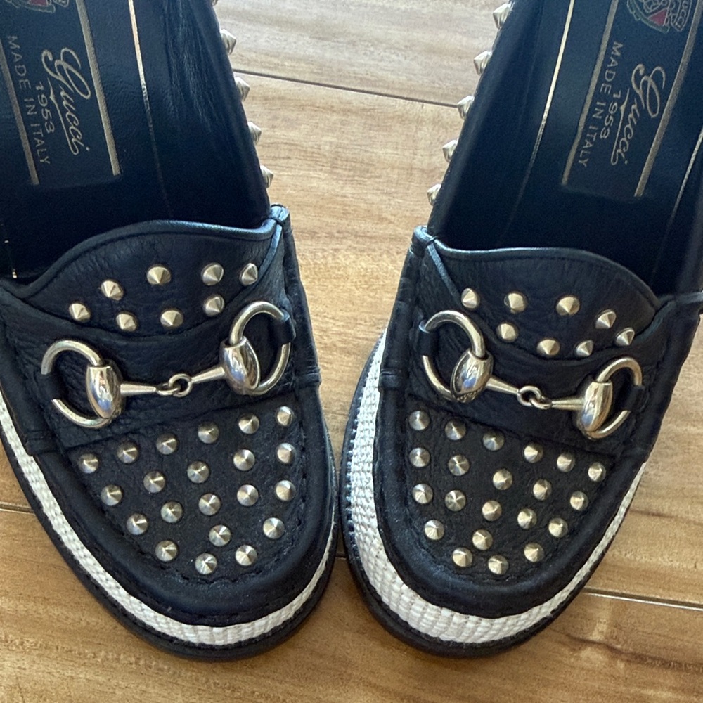 Gucci Black/Cream Leather and Straw Studded Horsebit Alyssa Loafer Pumps Size 38 - Picture 2 of 10